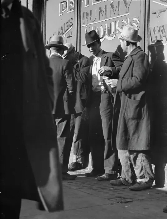 Framed Print : Unemployed men on Howard Street, San Francisco, California, 1937. Creator: Dorothea Lange Framed Print : Unemployed men on Howard Street, San Francisco, California, 1937. Creator: Dorothea Lange
