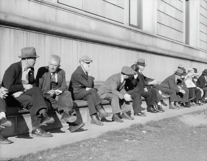 Framed Print : Unemployed men sitting on the sunny side of the San Francisco Public Library, California, 1937. Creator: Dorothea Lange Framed Print : Unemployed men sitting on the sunny side of the San Francisco Public Library, California, 1937. Creator: Dorothea Lange