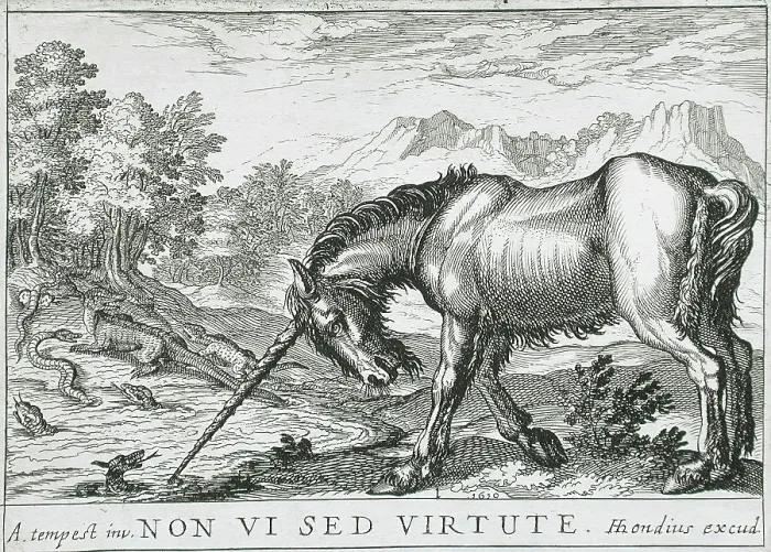 Framed Print : A Unicorn Chasing Lizards from a Pond, 1610. Creator: Hendrick Hondius I Framed Print : A Unicorn Chasing Lizards from a Pond, 1610. Creator: Hendrick Hondius I