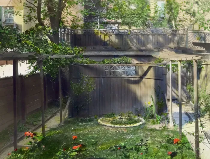 Framed Print : Unidentifed back yard garden, probably in New York, New York, c1922. Creator: Frances Benjamin Johnston Framed Print : Unidentifed back yard garden, probably in New York, New York, c1922. Creator: Frances Benjamin Johnston