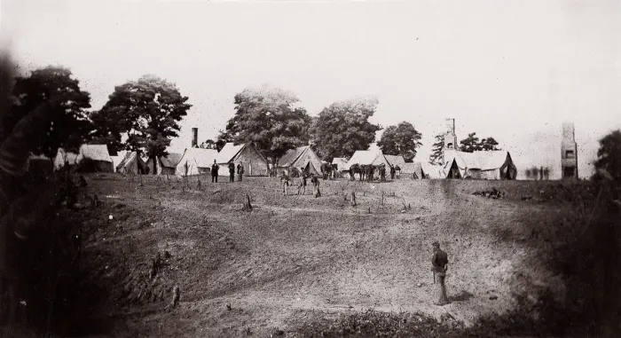 Framed Print : [Unidentified camp with ruined chimneys in background]. Brady album, p. 130, 1861-65