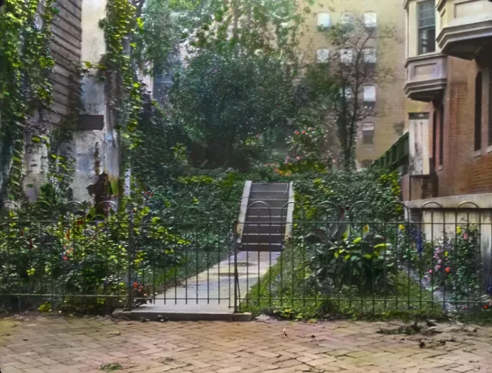 Framed Print : Unidentified city garden, probably New York, New York, c1922. Creator: Frances Benjamin Johnston