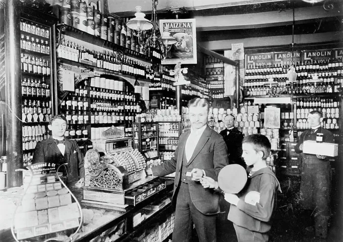 Framed Print : Unidentified grocery store, probably in Germany, between 1900 and 1910. Creator: Unknown Framed Print : Unidentified grocery store, probably in Germany, between 1900 and 1910. Creator: Unknown