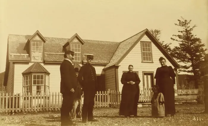 Framed Print : Unidentified group of people, three men, two women, a child and a dog standing in front... 1894 &95 Creator: Alfred Lee Broadbent. Unidentified group of people, three men, two women, a child and a dog standing in front Framed Print : Unidentified group of people, three men, two women, a child and a dog standing in front... 1894 &95 Creator: Alfred Lee Broadbent. Unidentified group of people, three men, two women, a child and a dog standing in front