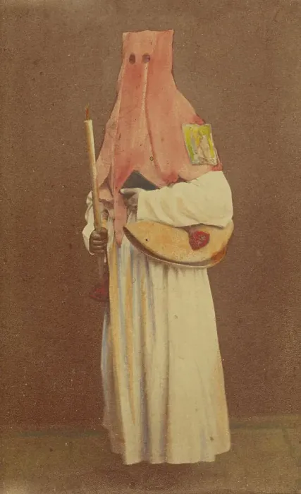 Framed Print : Unidentified man in long hood holding a candle and book, standing, about 1870. Creator: Giorgio Conrad Framed Print : Unidentified man in long hood holding a candle and book, standing, about 1870. Creator: Giorgio Conrad