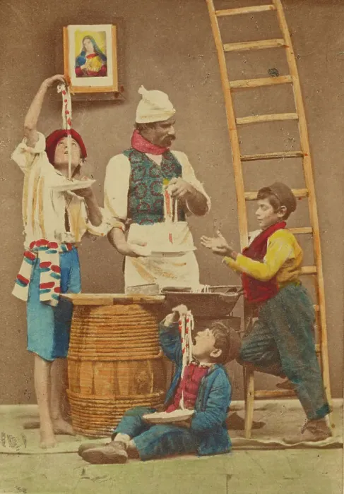 Framed Print : Unidentified man with moustache making pasta, three boys either eating it or helping... 1865-1870. Creator: Giorgio Conrad Framed Print : Unidentified man with moustache making pasta, three boys either eating it or helping... 1865-1870. Creator: Giorgio Conrad