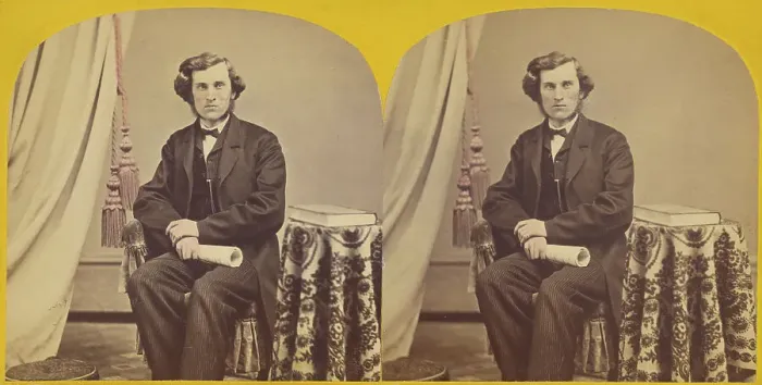 Framed Print : Unidentified man with muttonchops seated, holding a rolled paper, about 1860. Creator: Unknown