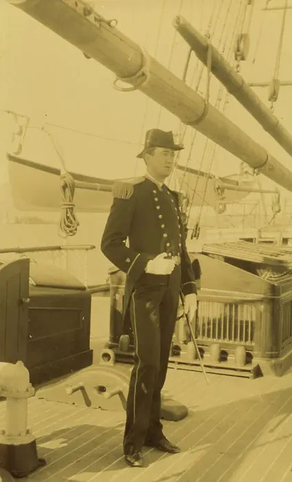 Framed Print : Unidentified naval officer, full-length portrait, standing aboard ship, facing right, 1894 or 1895. Creator: Alfred Lee Broadbent Framed Print : Unidentified naval officer, full-length portrait, standing aboard ship, facing right, 1894 or 1895. Creator: Alfred Lee Broadbent