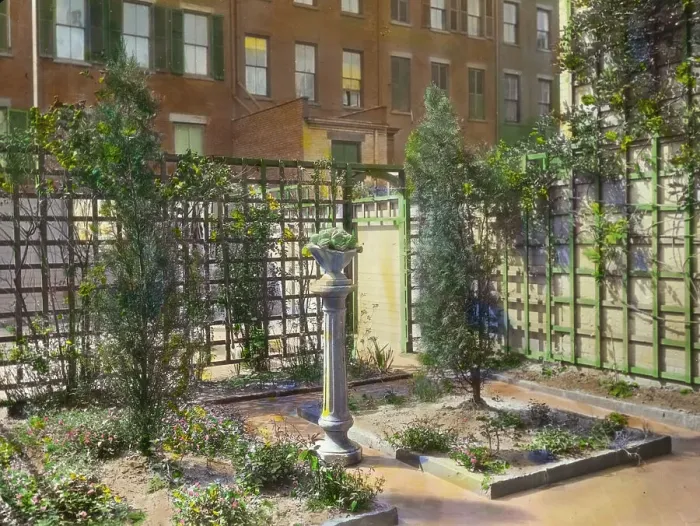 Framed Print : Unidentified townhouse garden, probably in New York, New York, or Philadelphia, Pennsylvania, c1922. Creator: Frances Benjamin Johnston Framed Print : Unidentified townhouse garden, probably in New York, New York, or Philadelphia, Pennsylvania, c1922. Creator: Frances Benjamin Johnston