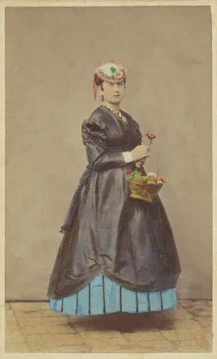 Framed Print : Unidentified woman wearing a flowered hat, holding single flower in one hand, basket of...1862-1865. Creator: Carlo Ponti Framed Print : Unidentified woman wearing a flowered hat, holding single flower in one hand, basket of...1862-1865. Creator: Carlo Ponti