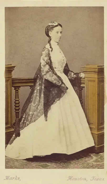 Framed Print : Unidentified woman wearing a white dress and black shawl, standing, 1870-1875. Creator: H. R. Marks Framed Print : Unidentified woman wearing a white dress and black shawl, standing, 1870-1875. Creator: H. R. Marks