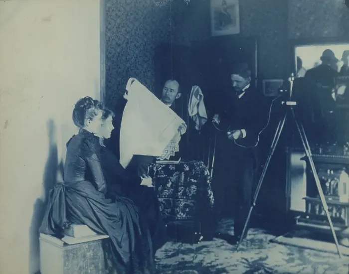Framed Print : Two unidentified women being photographed, c1890. Creator: Frances Benjamin Johnston Framed Print : Two unidentified women being photographed, c1890. Creator: Frances Benjamin Johnston