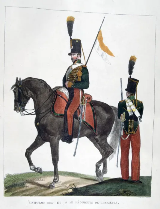 Framed Print : Uniforms of the 12th and 16th Regiment of Chasseurs, France, 1823. Artist: Charles Etienne Pierre Motte Framed Print : Uniforms of the 12th and 16th Regiment of Chasseurs, France, 1823. Artist: Charles Etienne Pierre Motte