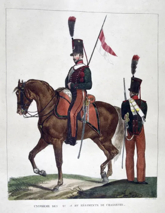 Framed Print : Uniforms of the mounted 9th and 10th chasseur regiment, 1823. Artist: Charles Etienne Pierre Motte Framed Print : Uniforms of the mounted 9th and 10th chasseur regiment, 1823. Artist: Charles Etienne Pierre Motte