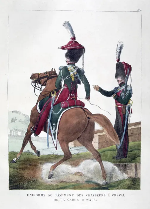 Framed Print : Uniforms of the mounted chasseur regiment of the French royal guard, 1823. Artist: Charles Etienne Pierre Motte Framed Print : Uniforms of the mounted chasseur regiment of the French royal guard, 1823. Artist: Charles Etienne Pierre Motte