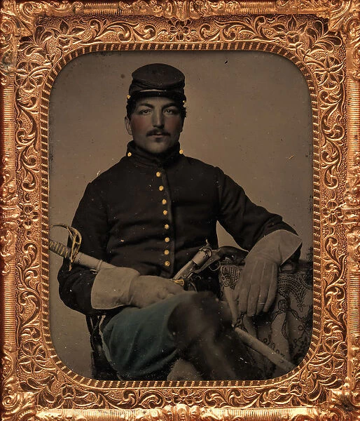 Union Cavalry Soldier, Seated, with Sword and Handgun, 1861-65. Creator: Unknown