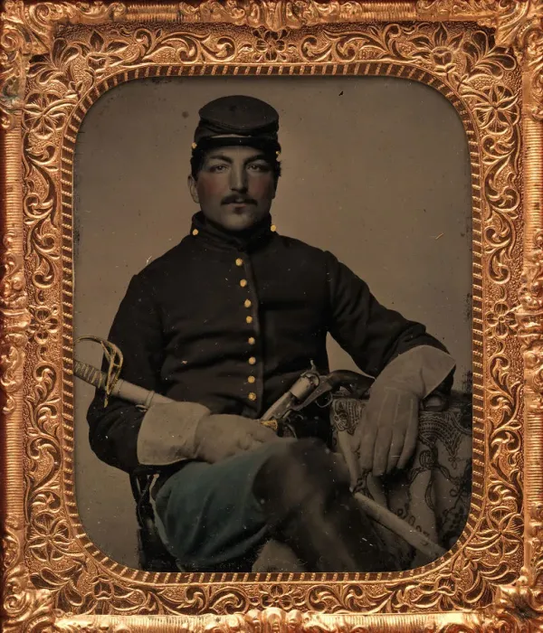 Framed Print : Union Cavalry Soldier, Seated, with Sword and Handgun, 1861-65. Creator: Unknown Framed Print : Union Cavalry Soldier, Seated, with Sword and Handgun, 1861-65. Creator: Unknown