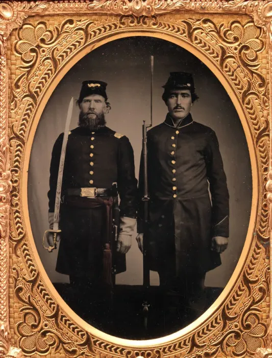 Framed Print : Union Officer and Private, Standing at Attention, with Sword and Rifle with Fixed Bayo Framed Print : Union Officer and Private, Standing at Attention, with Sword and Rifle with Fixed Bayo