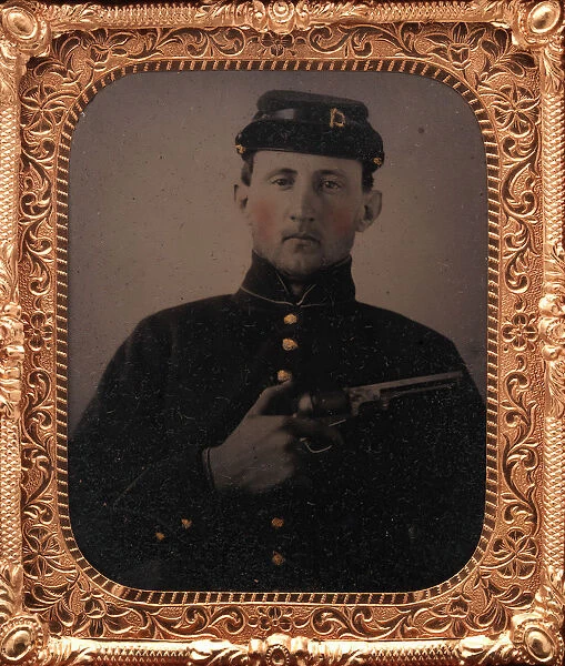 Union Soldier with Colt Revolver, in Studio, 1861-65. Creator: Unknown