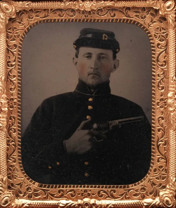 Framed Print : Union Soldier with Colt Revolver, in Studio, 1861-65. Creator: Unknown Framed Print : Union Soldier with Colt Revolver, in Studio, 1861-65. Creator: Unknown