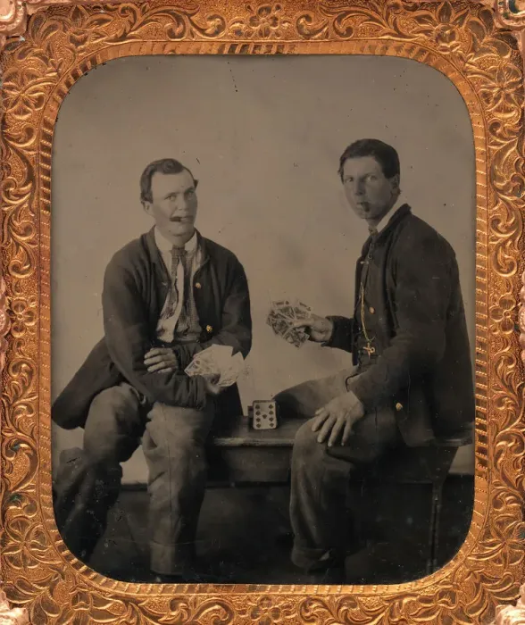 Framed Print : Union Soldiers Sitting on Bench, Playing Cards, 1861-65. Creator: Unknown Framed Print : Union Soldiers Sitting on Bench, Playing Cards, 1861-65. Creator: Unknown