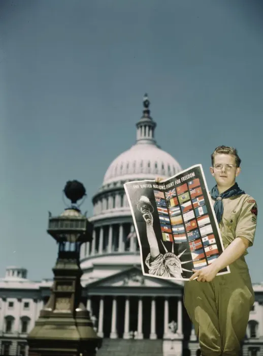 Framed Print : United Nations Fight for Freedom: Boy Scout in front of Capitol, 1943. Creator: John Rous Framed Print : United Nations Fight for Freedom: Boy Scout in front of Capitol, 1943. Creator: John Rous