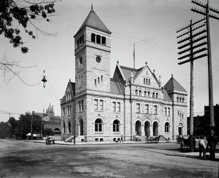 Framed Print : United States Post Office in front of the Winona Opera House...Minnesota, between 1892 and 1899. Creator: Unknown Framed Print : United States Post Office in front of the Winona Opera House...Minnesota, between 1892 and 1899. Creator: Unknown