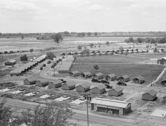 Framed Print : Three units of the camp, each with its sanitary... Farmersville, Tulare County, CA, 1939. Creator: Dorothea Lange Framed Print : Three units of the camp, each with its sanitary... Farmersville, Tulare County, CA, 1939. Creator: Dorothea Lange