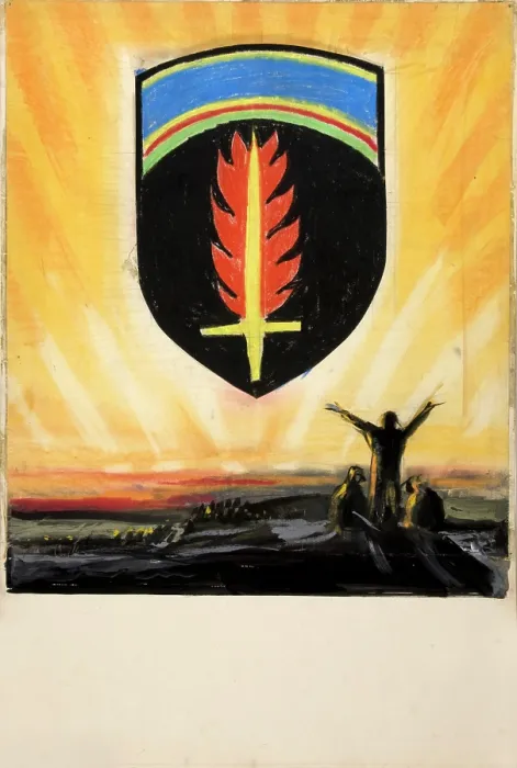 Framed Print : Unity of Strength WWII poster: Shield with flaming sword on golden sky... between 1939 and 1946. Creators: Central Office of Information, Unknown Framed Print : Unity of Strength WWII poster: Shield with flaming sword on golden sky... between 1939 and 1946. Creators: Central Office of Information, Unknown