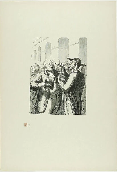 At the Universal Exhibition: Security check at the entrance: the bald need t... 1867, printed 1920. Creator: Charles Maurand