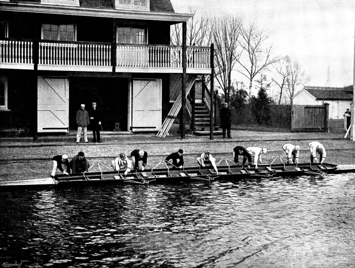 Framed Print : The Universities Boat-Race: the Cambridge crew at practice - putting in the boat, 1895 Framed Print : The Universities Boat-Race: the Cambridge crew at practice - putting in the boat, 1895