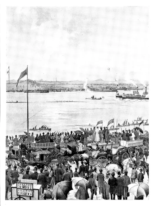 Framed Print : The Universities Boat-Race: the finish at Mortlake, 1895. Creator: Unknown. The Universities Boat-Race: the finish at Mortlake, 1895. Creator: Unknown Framed Print : The Universities Boat-Race: the finish at Mortlake, 1895. Creator: Unknown. The Universities Boat-Race: the finish at Mortlake, 1895. Creator: Unknown