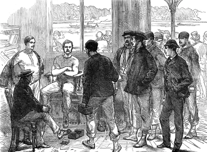 Framed Print : The Universities Boat-Race on the Thames: weighing the crew, 1874. Creator: Unknown. The Universities Boat-Race on the Thames: weighing the crew, 1874. Creator: Unknown Framed Print : The Universities Boat-Race on the Thames: weighing the crew, 1874. Creator: Unknown. The Universities Boat-Race on the Thames: weighing the crew, 1874. Creator: Unknown