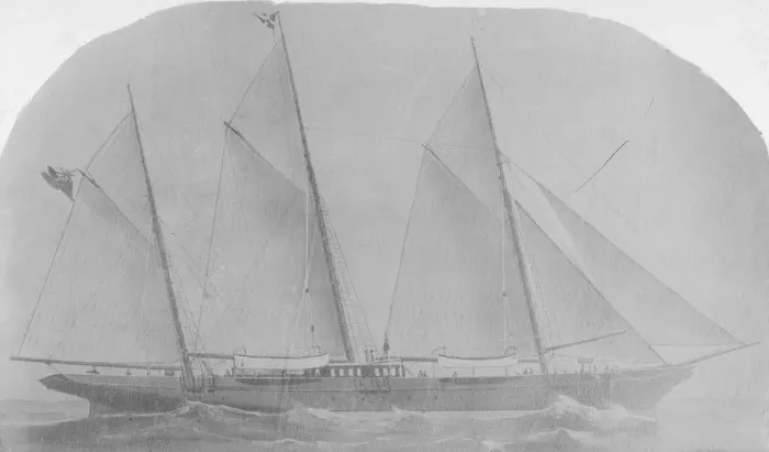 Framed Print : Unknown artwork showing a three mast schooner. Creator: Kirk & Sons of Cowes Framed Print : Unknown artwork showing a three mast schooner. Creator: Kirk & Sons of Cowes