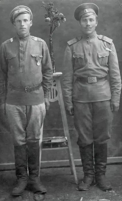 Framed Print : Two unknown soldiers. early 20th century. Creator: B. Gusak Framed Print : Two unknown soldiers. early 20th century. Creator: B. Gusak