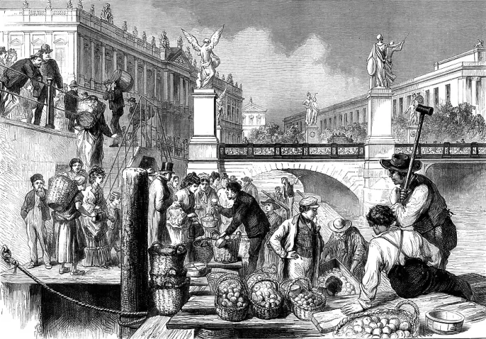 Framed Print : Unlading fruit-boats in Berlin, 1873. Creator: Unknown Framed Print : Unlading fruit-boats in Berlin, 1873. Creator: Unknown