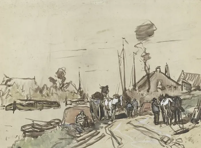 Framed Print : Unloading carts at a canal, 1864-1936. Creator: Johannes Cornelis van Essen Framed Print : Unloading carts at a canal, 1864-1936. Creator: Johannes Cornelis van Essen