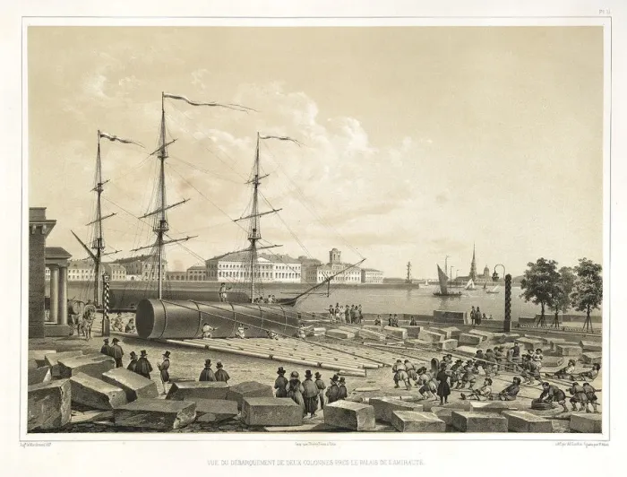 Framed Print : Unloading two column at the Admiralty (From: The Construction of the Saint Isaacs Cathedral), 1845. Artist: Montferrand, Auguste, de (1786-1858) Framed Print : Unloading two column at the Admiralty (From: The Construction of the Saint Isaacs Cathedral), 1845. Artist: Montferrand, Auguste, de (1786-1858)