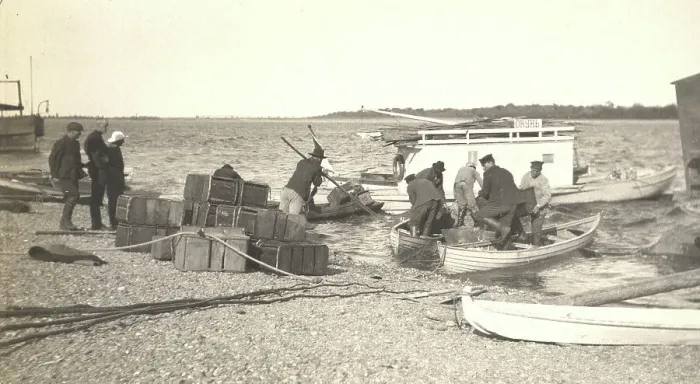 Framed Print : Unloading gasoline from boats on the Zee River during windy conditions, 1909. Creator: Vladimir Ivanovich Fedorov Framed Print : Unloading gasoline from boats on the Zee River during windy conditions, 1909. Creator: Vladimir Ivanovich Fedorov