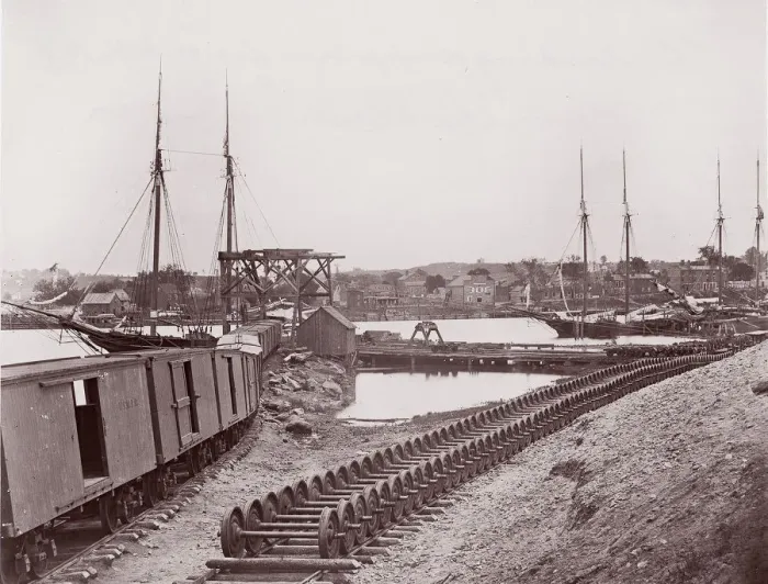 Framed Print : Unloading Supplies for U. S. Military Railroad opposite Richmond, Virginia, ca. 1865 Framed Print : Unloading Supplies for U. S. Military Railroad opposite Richmond, Virginia, ca. 1865