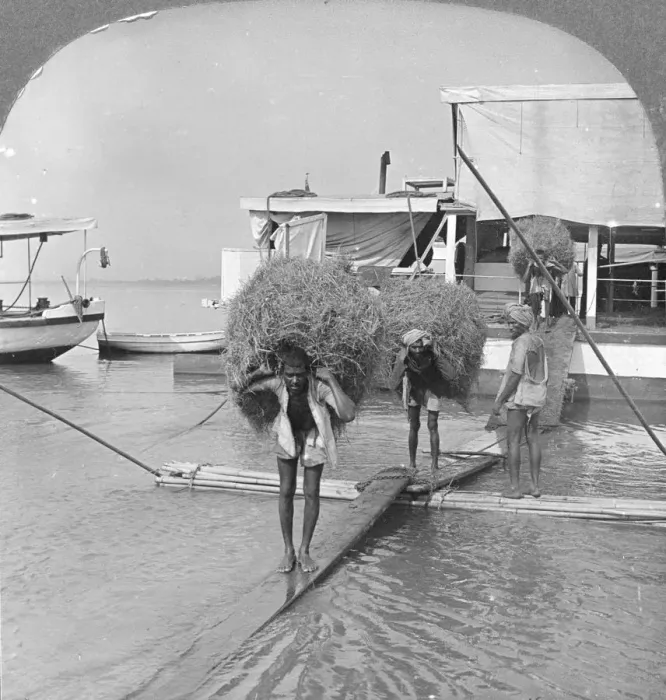Framed Print : Unloading a vessel on the Irrawaddy River, Burma, 1908. Artist: Stereo Travel Co Framed Print : Unloading a vessel on the Irrawaddy River, Burma, 1908. Artist: Stereo Travel Co