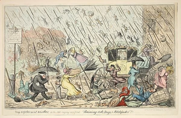 Very Unpleasant Weather or the Old Saying verified Raining Cats, Dogs and Pitchforks, 1835