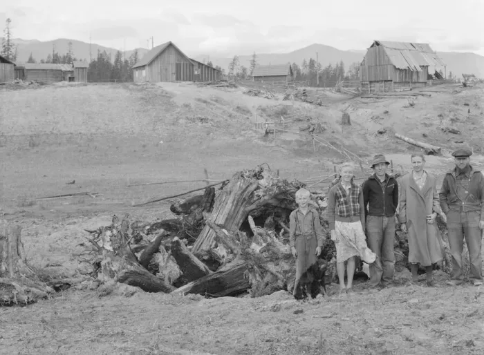 Framed Print : The Unruf family, stump pile, and their partly developed farm, Boundary County, Idaho, 1939. Creator: Dorothea Lange Framed Print : The Unruf family, stump pile, and their partly developed farm, Boundary County, Idaho, 1939. Creator: Dorothea Lange