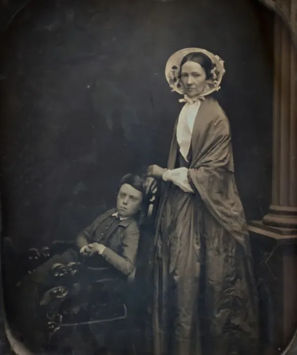 Framed Print : Untitled (A Woman in Bonnet and Shawl, with her Seated Son), c. 1850 Framed Print : Untitled (A Woman in Bonnet and Shawl, with her Seated Son), c. 1850