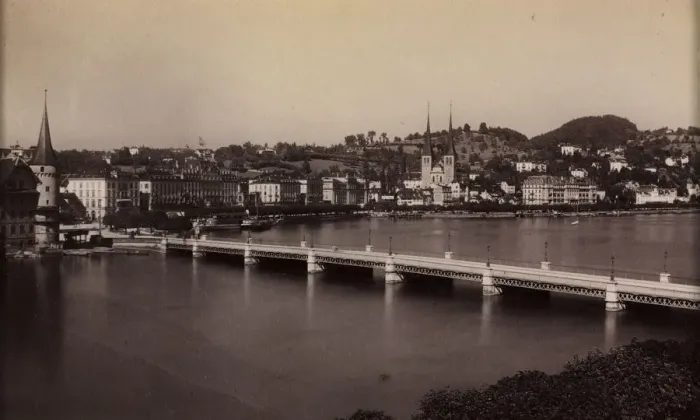 Framed Print : Untitled (Bridge with Town in Distance), 19th century. Creator: Unidentified Photographer Framed Print : Untitled (Bridge with Town in Distance), 19th century. Creator: Unidentified Photographer