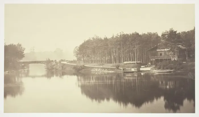Framed Print : Untitled, c. 1850. [Bridge and chalet in the Bois de Boulogne, a park in Paris]