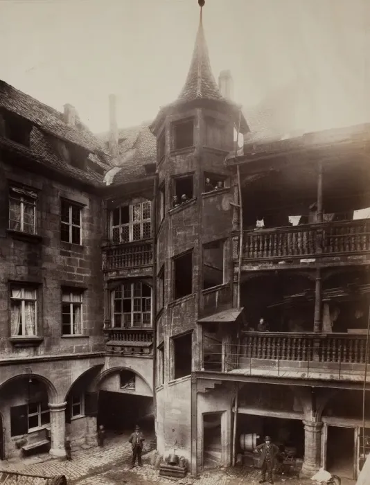 Framed Print : Untitled [courtyard with balconies and spiral staircase], 1870s. Creator: Unknown