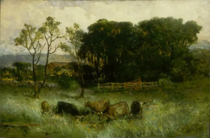 Framed Print : Untitled (five cows in pasture), ca. 1884-1886. Creator: Edward Mitchell Bannister Framed Print : Untitled (five cows in pasture), ca. 1884-1886. Creator: Edward Mitchell Bannister