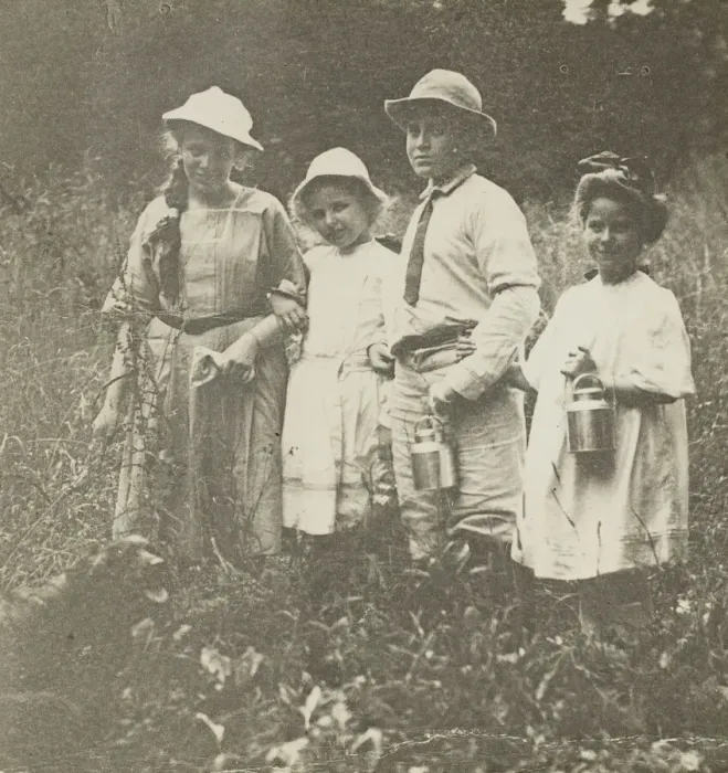 Framed Print : Untitled (Flora, Elizabeth, Howard & Kitty in Lake George field), 1903 / 05 Framed Print : Untitled (Flora, Elizabeth, Howard & Kitty in Lake George field), 1903 / 05