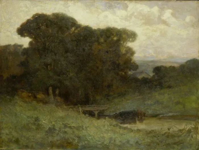 Framed Print : Untitled (forest scene with bridge, cows in stream in foreground), 1897 Framed Print : Untitled (forest scene with bridge, cows in stream in foreground), 1897